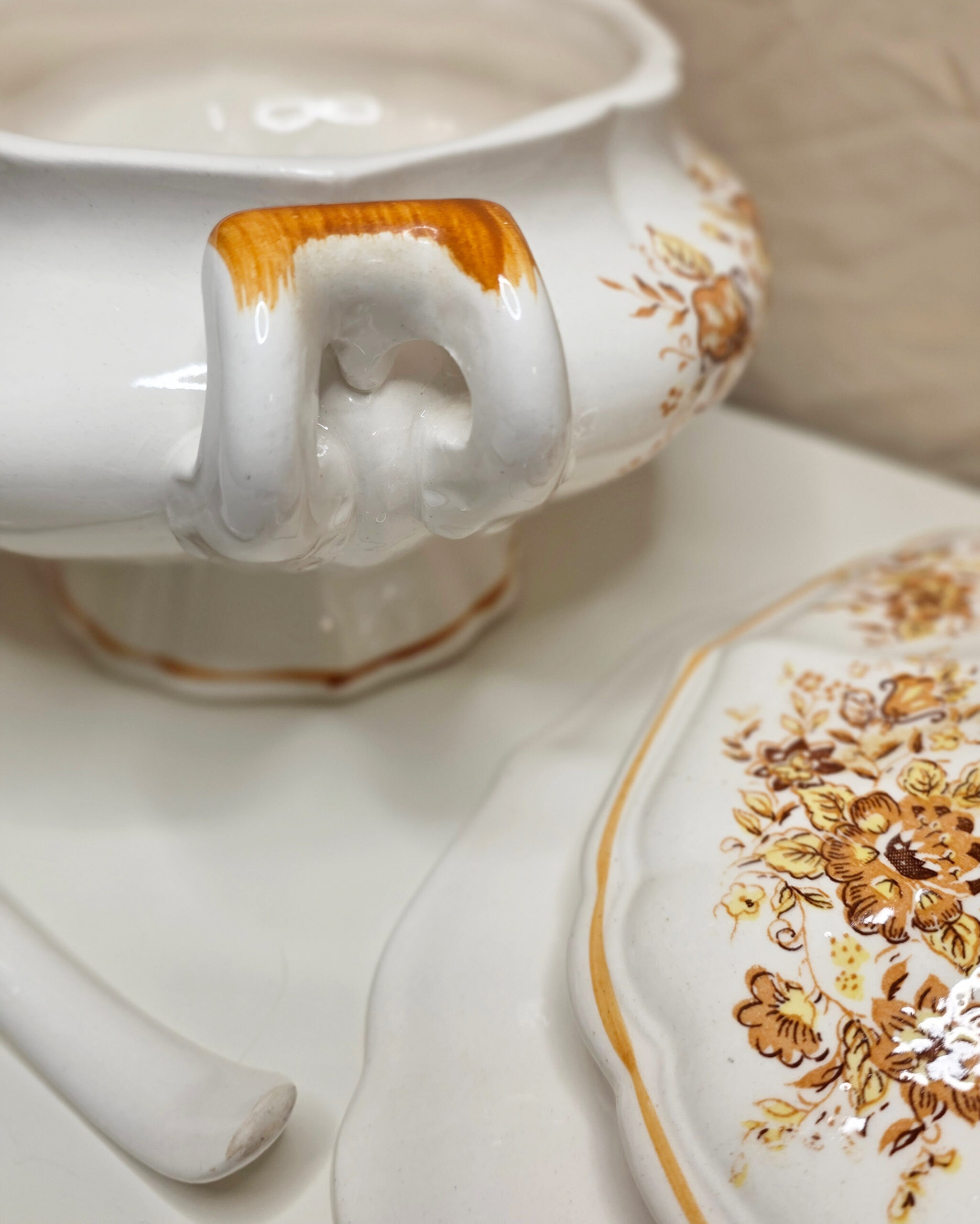 Orange Floral Ceramic Soup Tureen 3-Piece Set - Image 4