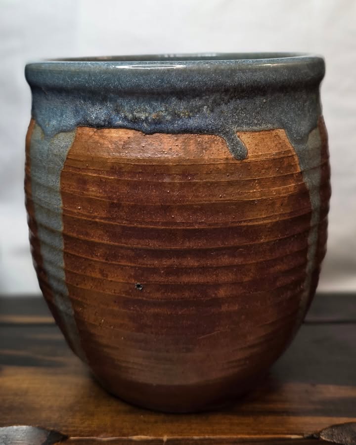Handmade Brown & Blue Glazed Pottery Crock / Planter
