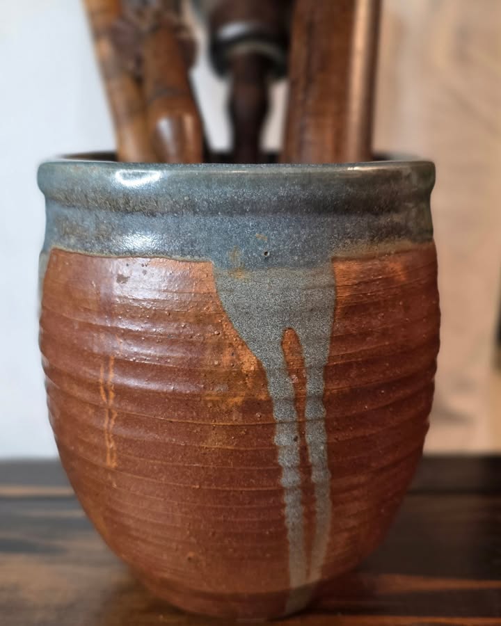 Handmade Brown & Blue Glazed Pottery Crock / Planter - Image 3