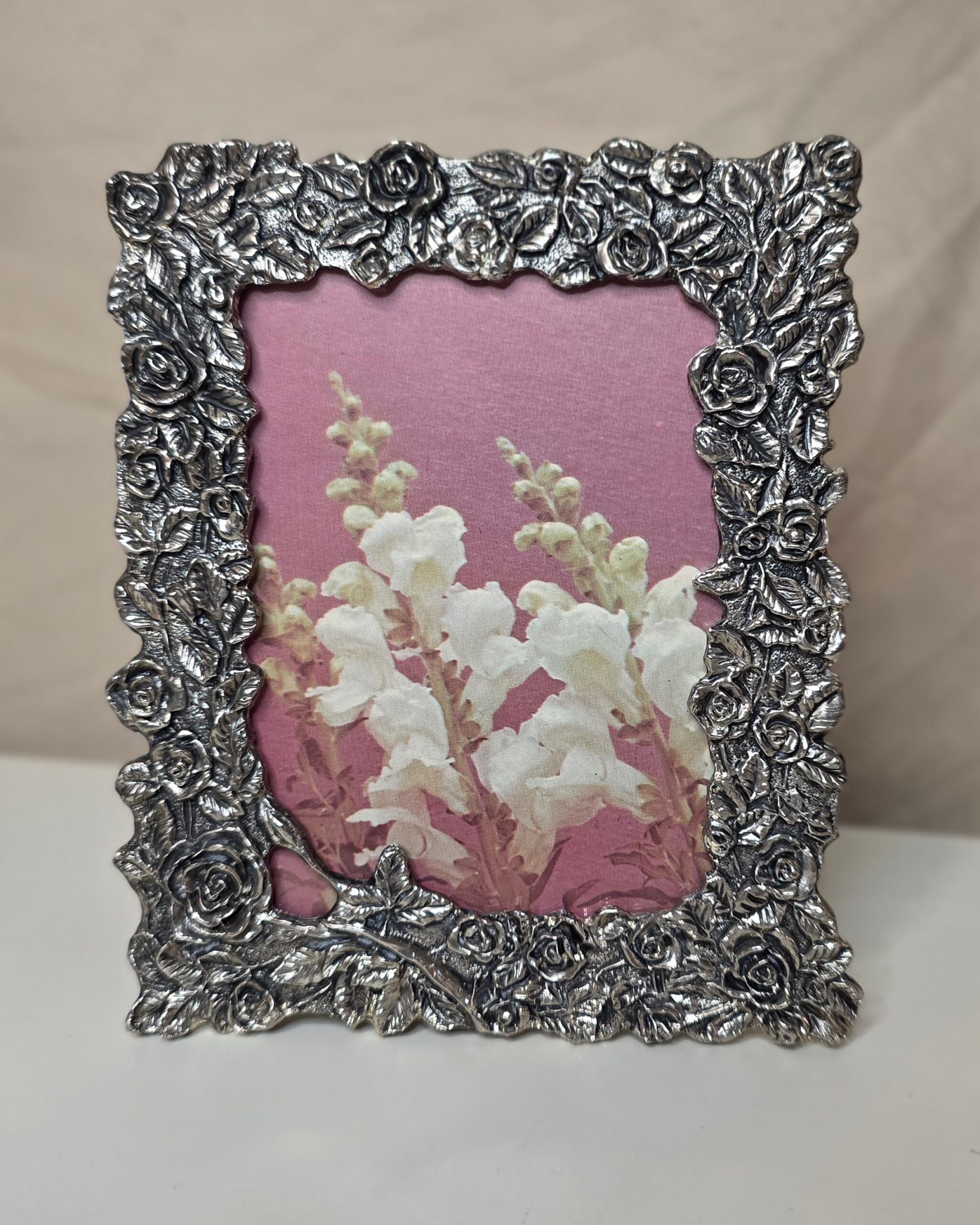 Pewter Decorative Roses Easel-Back Frame