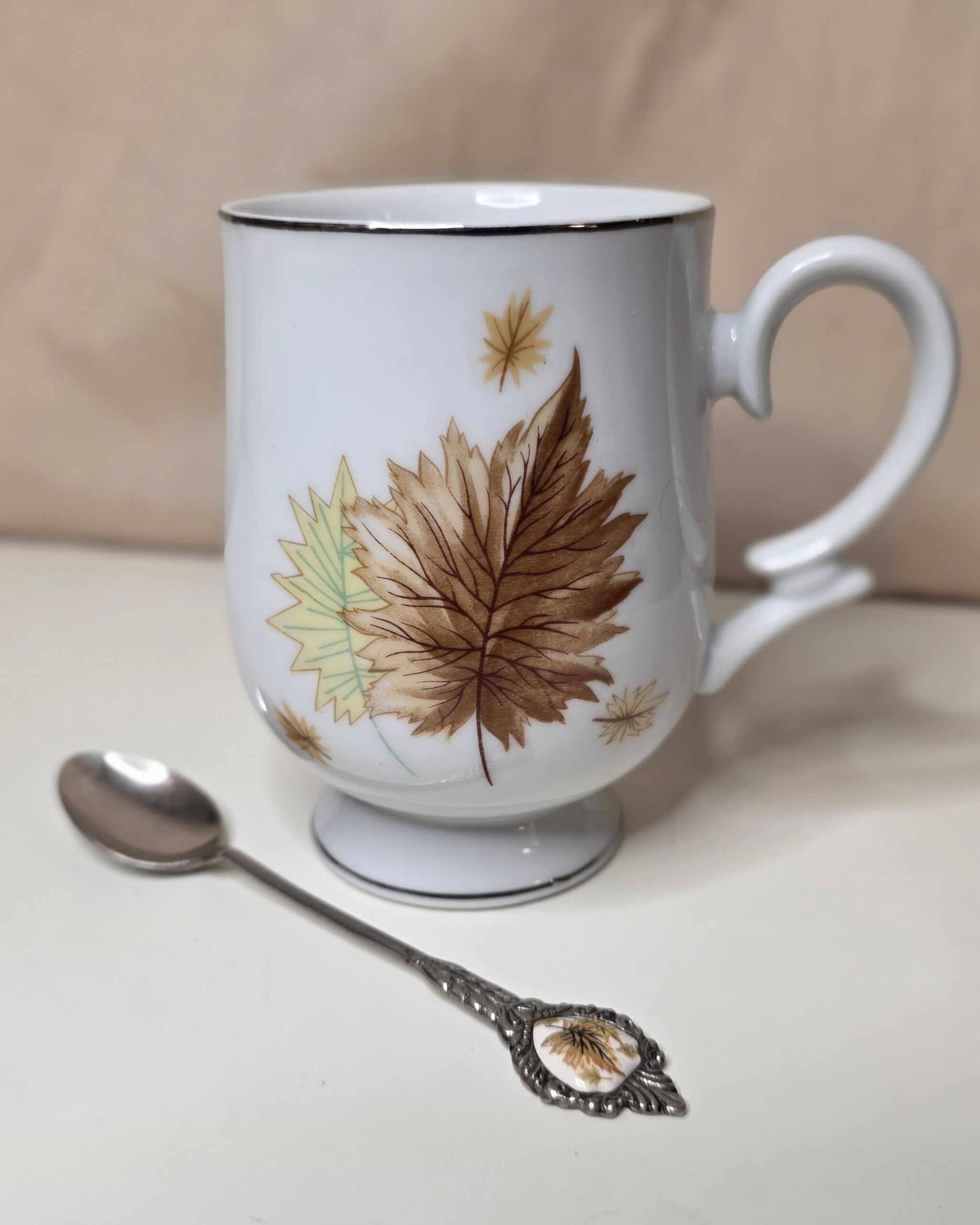 Autumn Leaves Porcelain Footed Tea Mug & Silver-Plated Spoon - Image 2