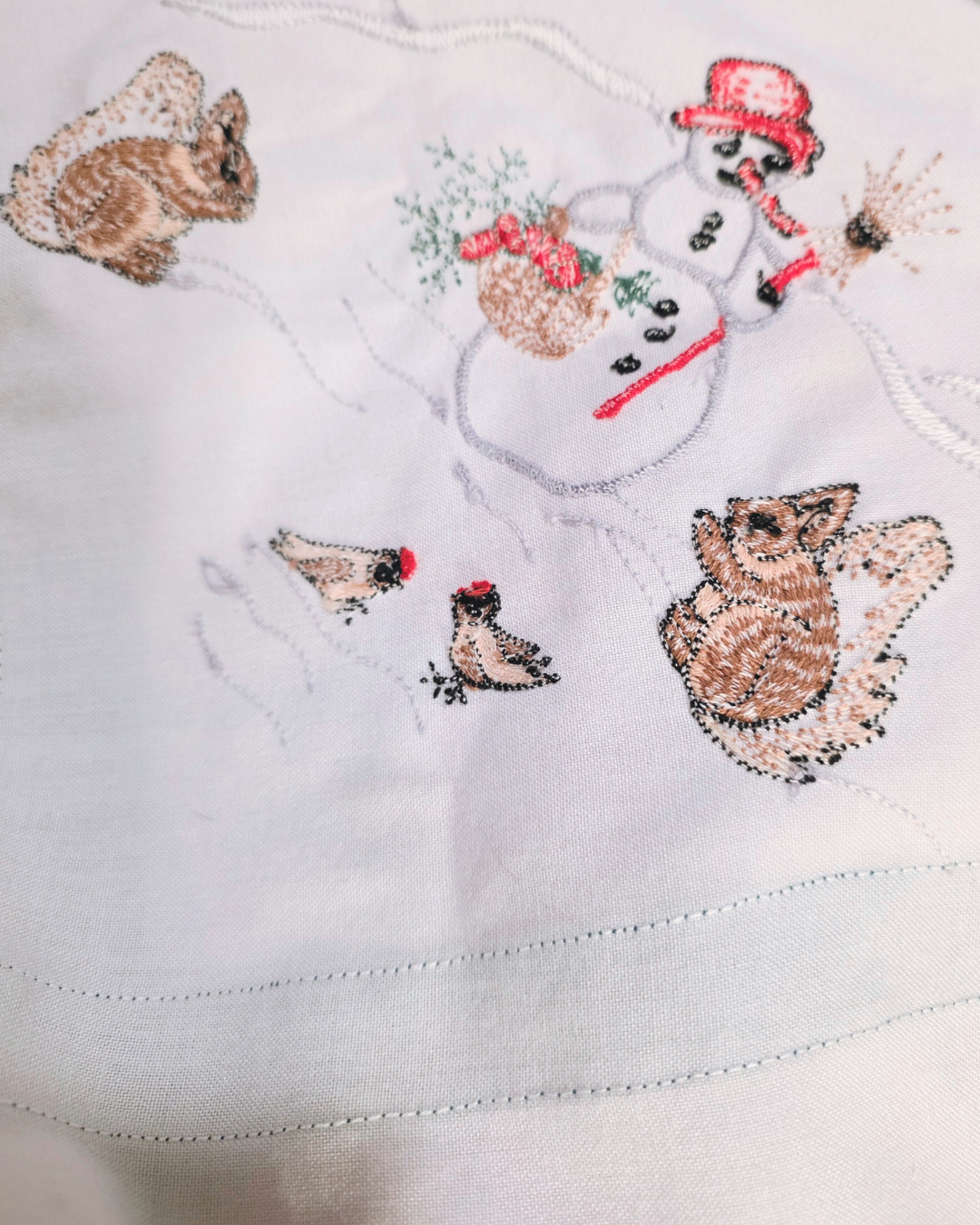 Snowman & Furry Friends Embroidered Square Tablecloth Overlay - Image 7