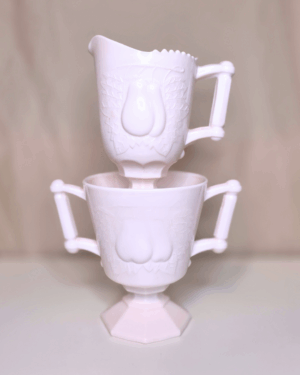 Jeannette Glass “Baltimore Pear” Pink Milk Glass Creamer & Sugar Set