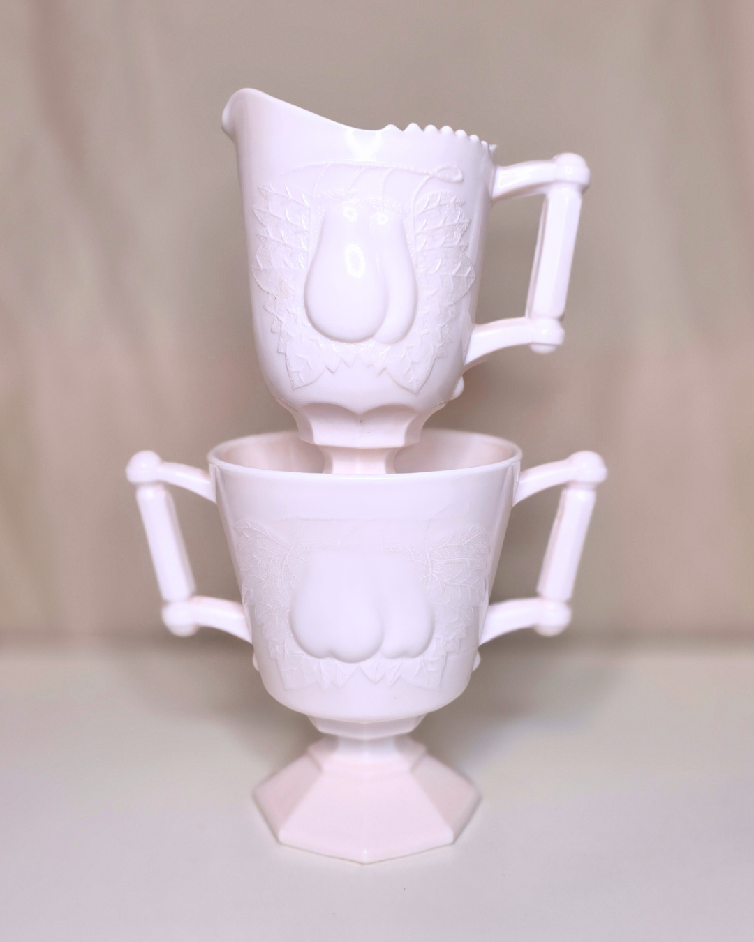 Jeannette Glass “Baltimore Pear” Pink Milk Glass Creamer & Sugar Set