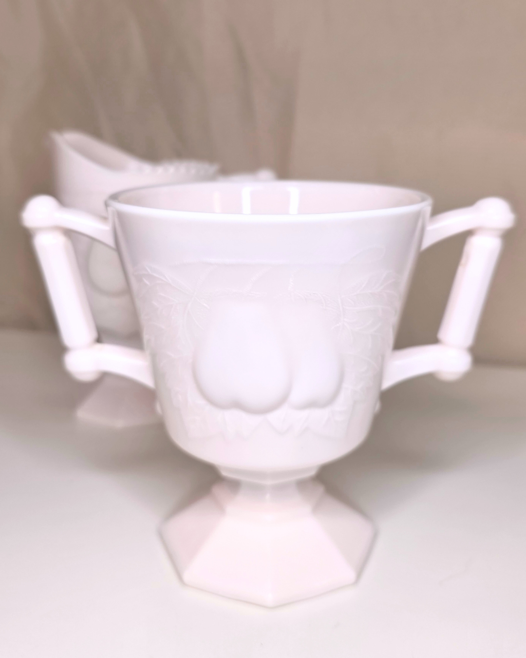 Jeannette Glass “Baltimore Pear” Pink Milk Glass Creamer & Sugar Set - Image 3