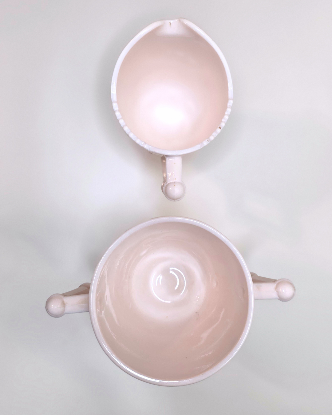 Jeannette Glass “Baltimore Pear” Pink Milk Glass Creamer & Sugar Set - Image 5