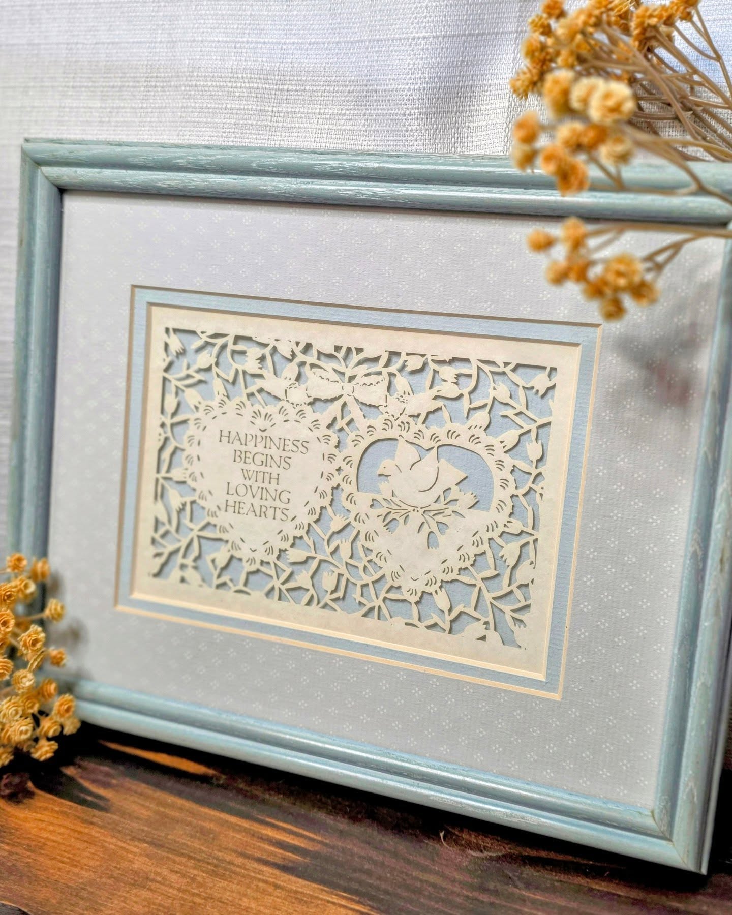 “Happiness Begins With Loving Hearts” Cut Paper Framed Art