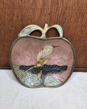 MCM Enameled Brass Kingfisher Bird Apple-Shaped Tray