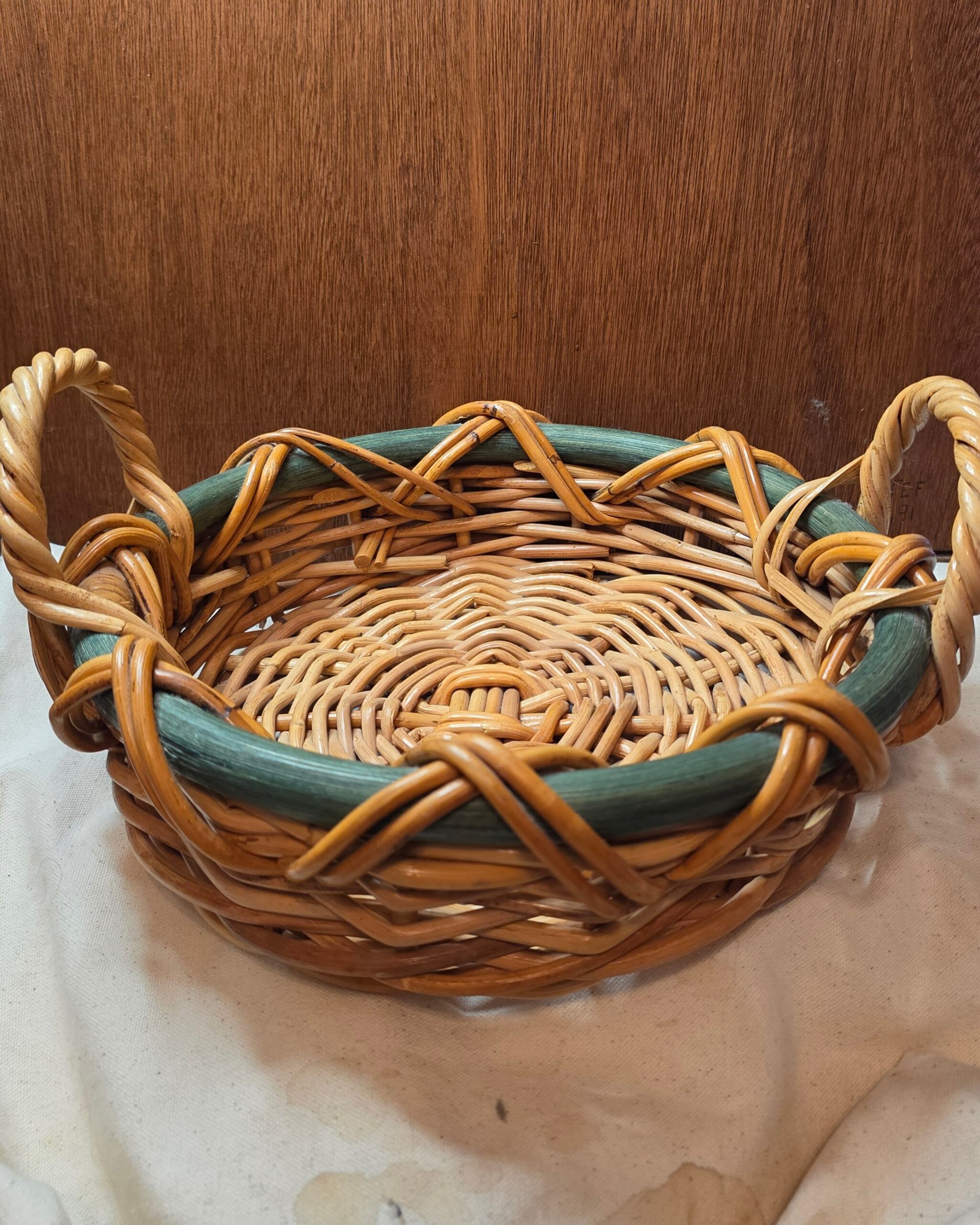 Mid-Century Wicker Basket - Green Rim and Twisted Handles