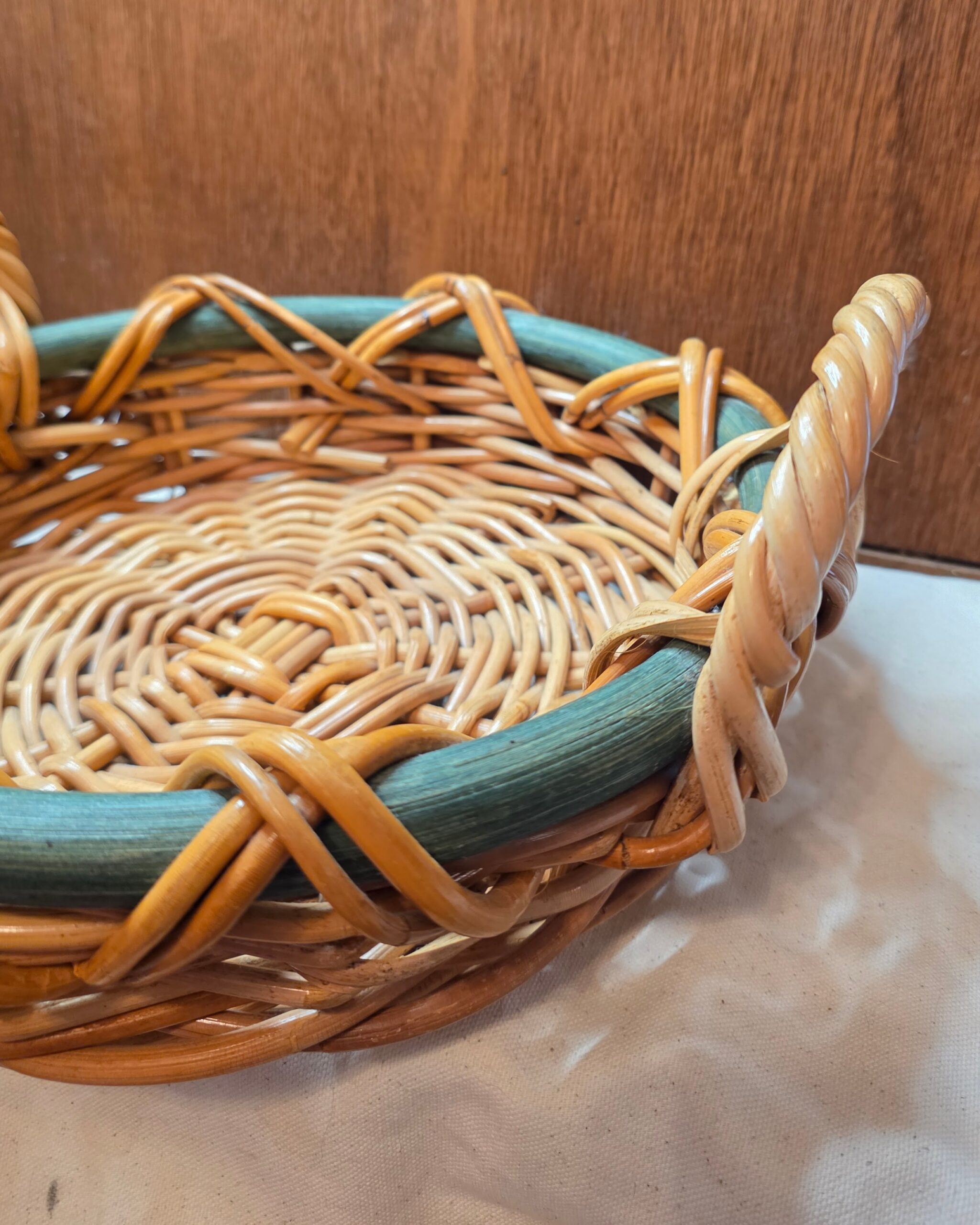 Mid-Century Wicker Basket - Green Rim and Twisted Handles - Image 4