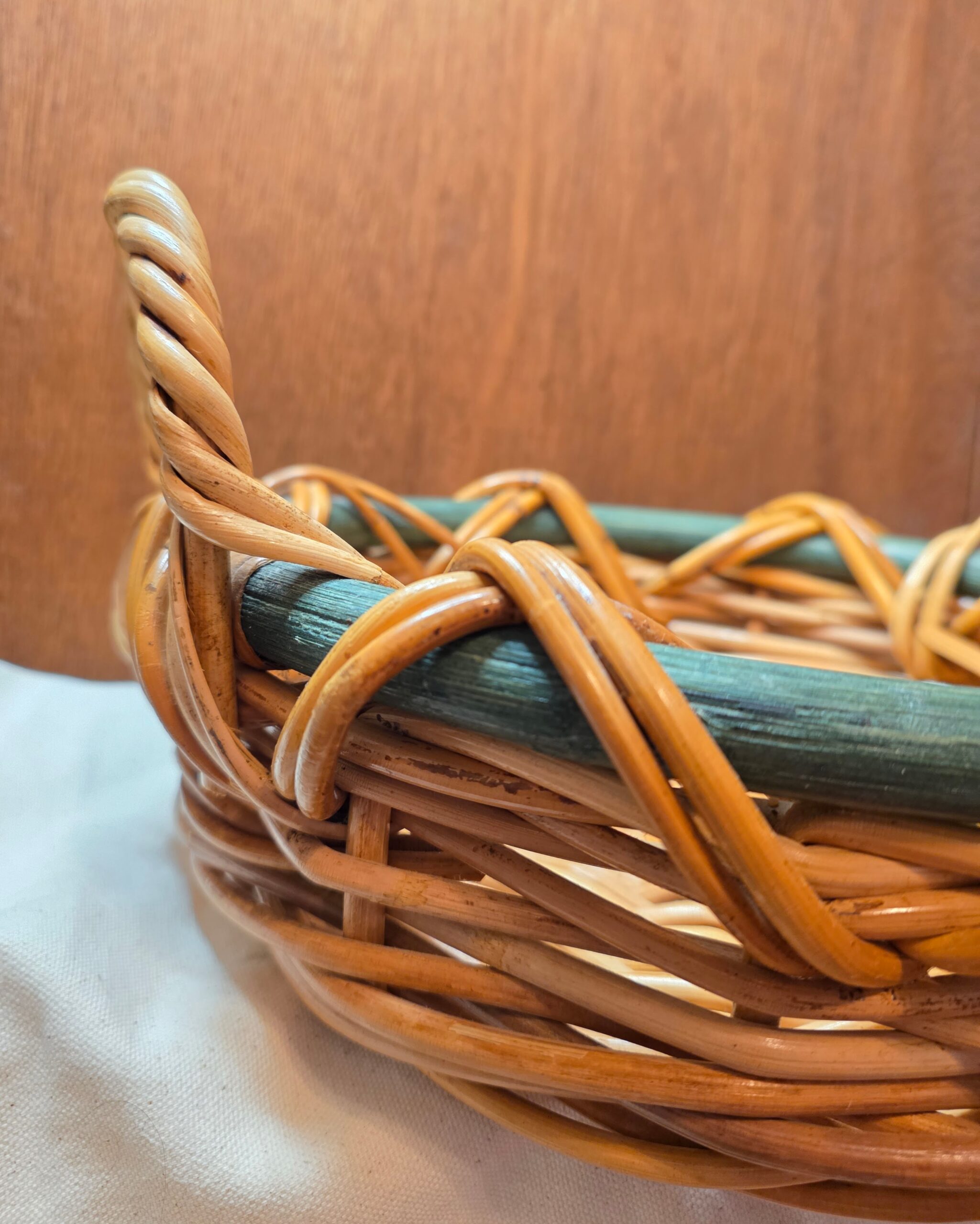 Mid-Century Wicker Basket - Green Rim and Twisted Handles - Image 2