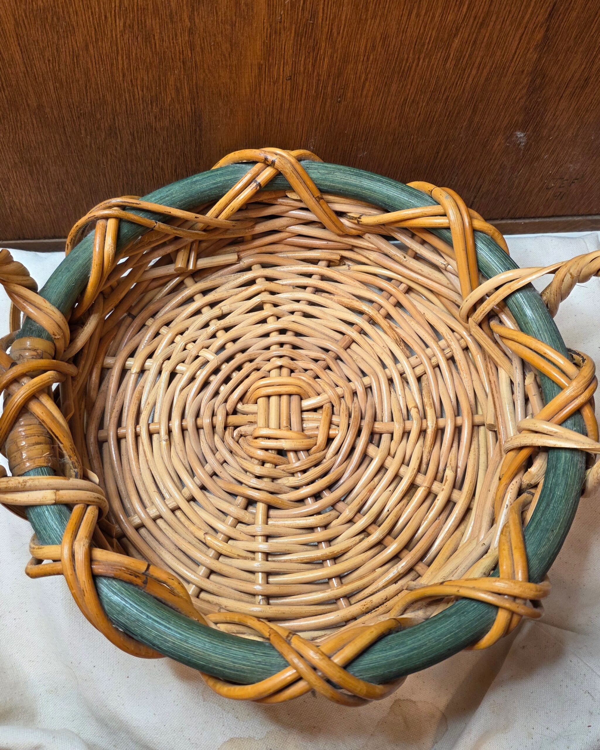 Mid-Century Wicker Basket - Green Rim and Twisted Handles - Image 3