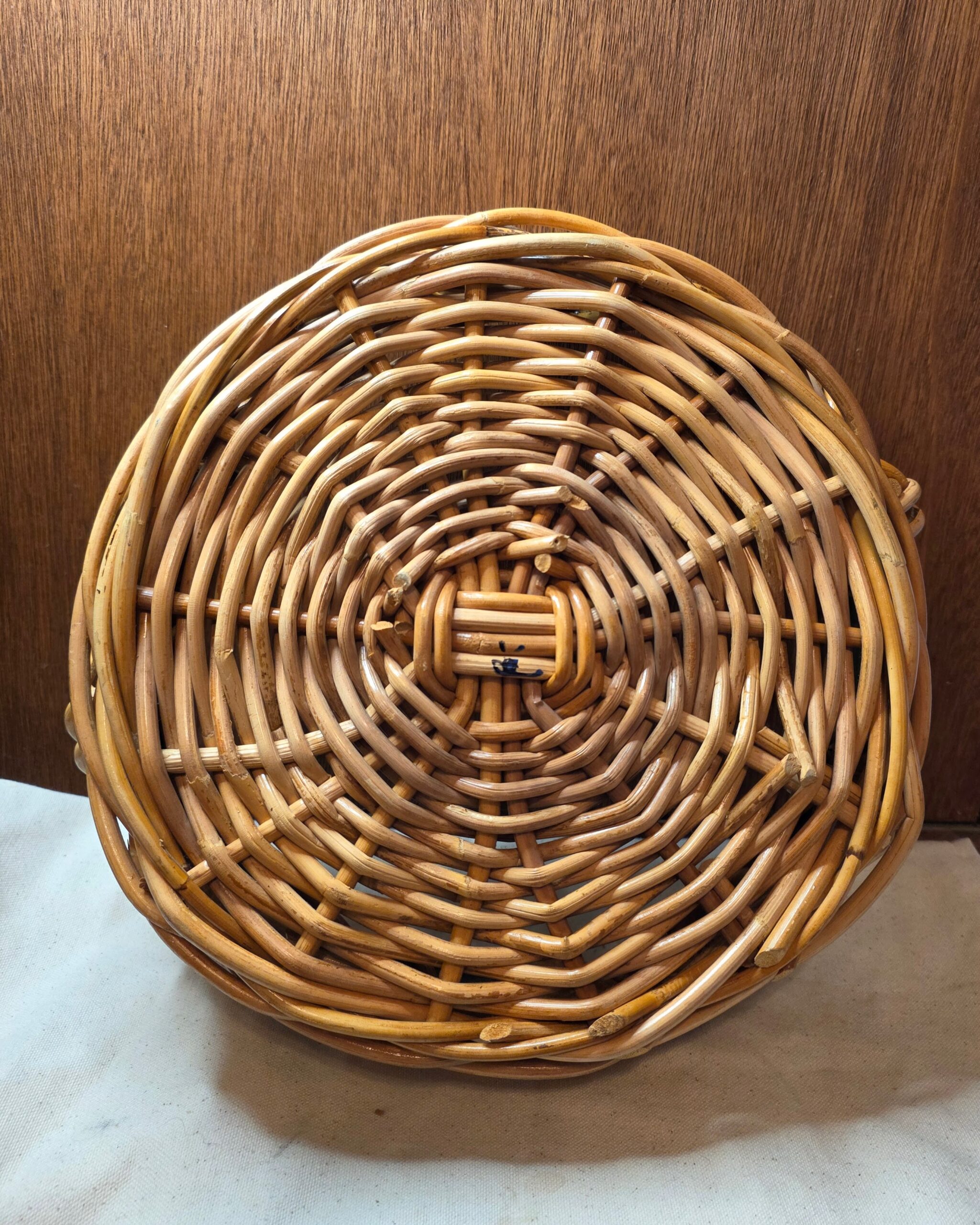 Mid-Century Wicker Basket - Green Rim and Twisted Handles - Image 5