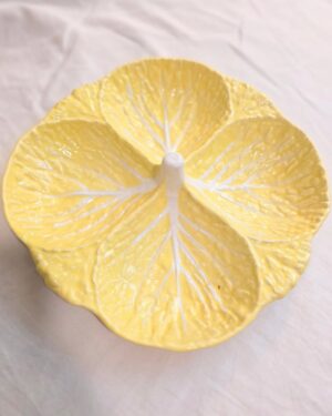 Yellow Ceramic Majolica Cabbage Leaf Divided Serving Dish