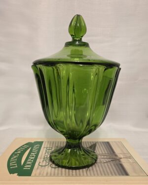 Green L.E. Smith Paneled Glass Lidded Pedestal Candy Dish