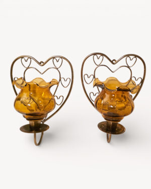 Gold Heart Wall Candle Sconces w/ Amber Glass Votives