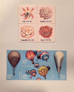 USA Postage Stamp Blocks: Floral + Hot Air Ballooning (Unused)