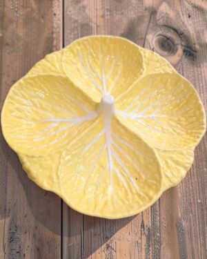 Yellow Ceramic Majolica Cabbage Leaf Divided Serving Dish